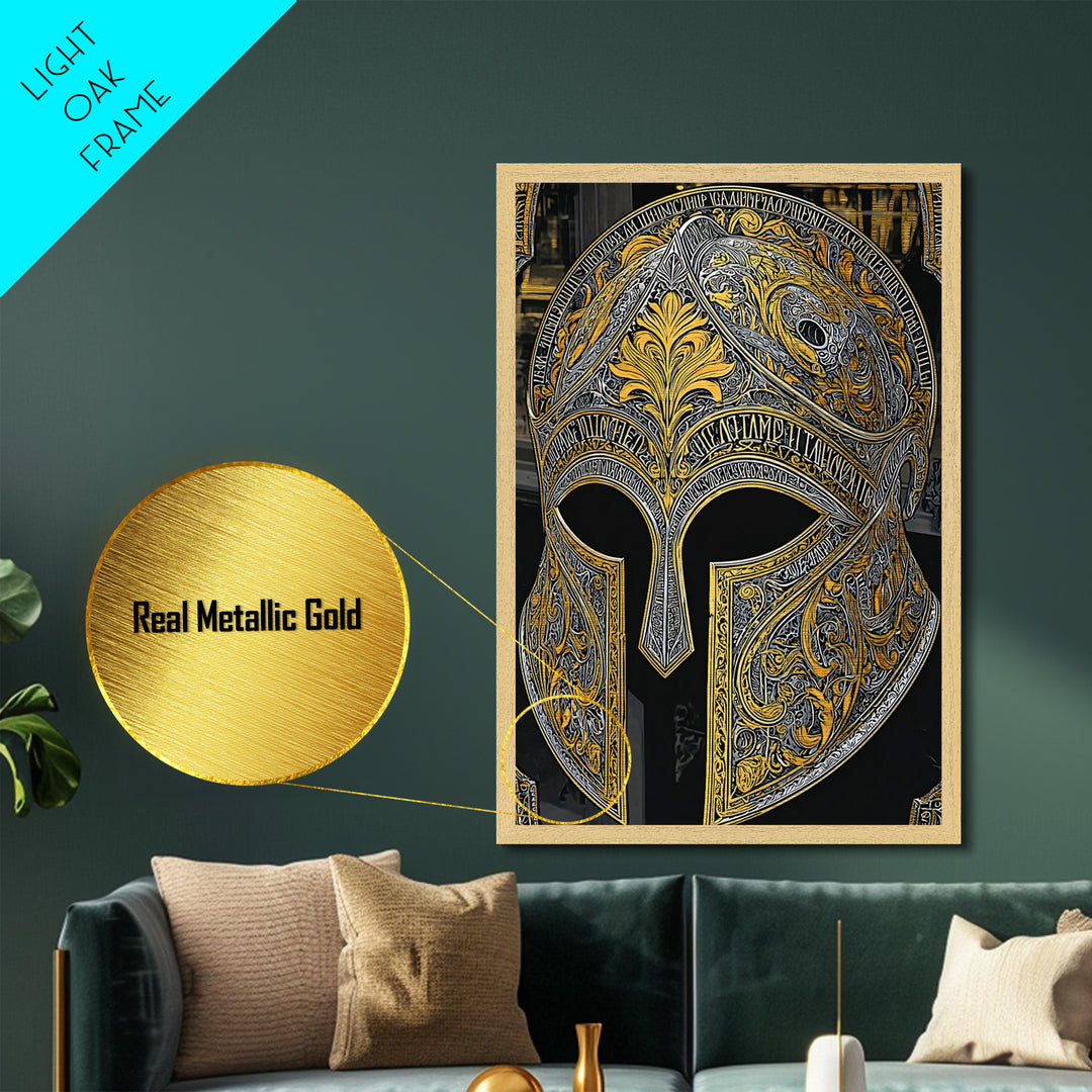 Baroque Spartan Helmet with Heraldic Crest – Metallic Gold Art, Real Wood Framed Metal Art, Luxury Greco-Roman Wall Sculpture