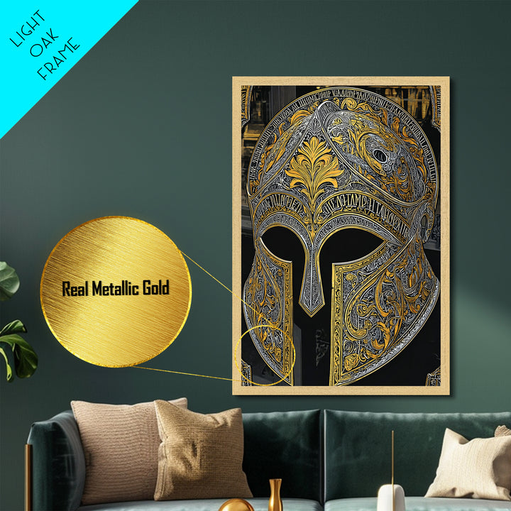 Baroque Spartan Helmet with Heraldic Crest – Metallic Gold Art, Real Wood Framed Metal Art, Luxury Greco-Roman Wall Sculpture