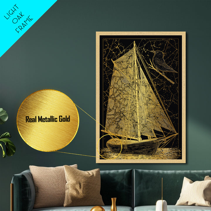 Golden Sailboat Artwork, Mythical Nautical Journey Wall Art, Metallic Gold Metal Print, Real Wood Frame, Celestial Decor