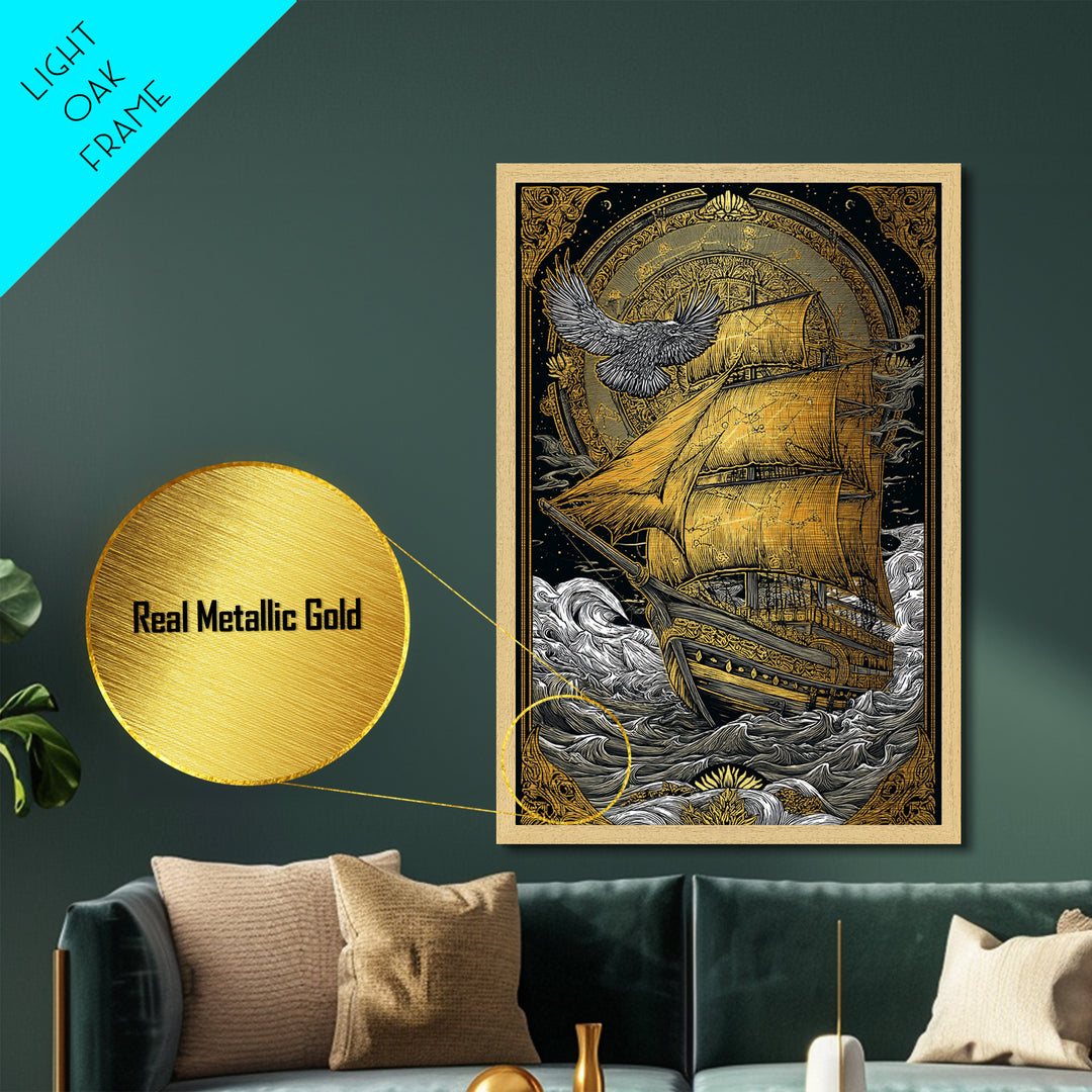 Mythical Sailing Ship Artwork, Celestial Constellation Sea Voyage Wall Art, Metallic Gold Metal Print, Real Wood Frame Decor