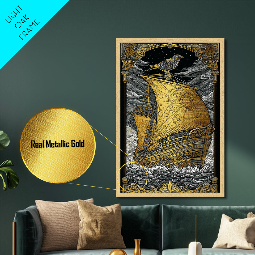 Ancient Ship Artwork, Nautical Journey With Bird Symbol Wall Art, Mythical Celestial Voyage, Metallic Gold Metal Print, Real Wood Frame