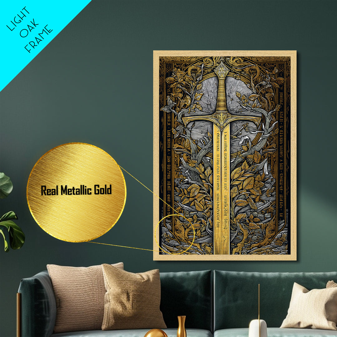 Sword Of Nature Artwork, Mythical Blade Surrounded By Leaves Wall Art, Ancient Weapon Design, Metallic Gold Metal Print, Real Wood Frame