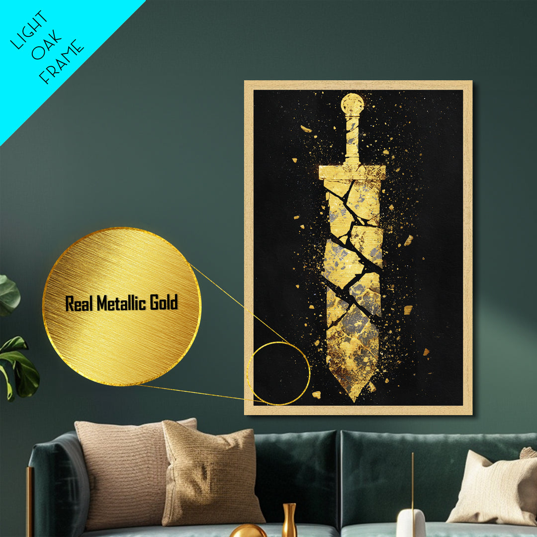 Shattered Sword Artwork, Exploding Blade Symbol Wall Art, Mythical Weapon Design, Ancient Esoteric Decor, Metallic Gold Metal Print, Real Wood Frame