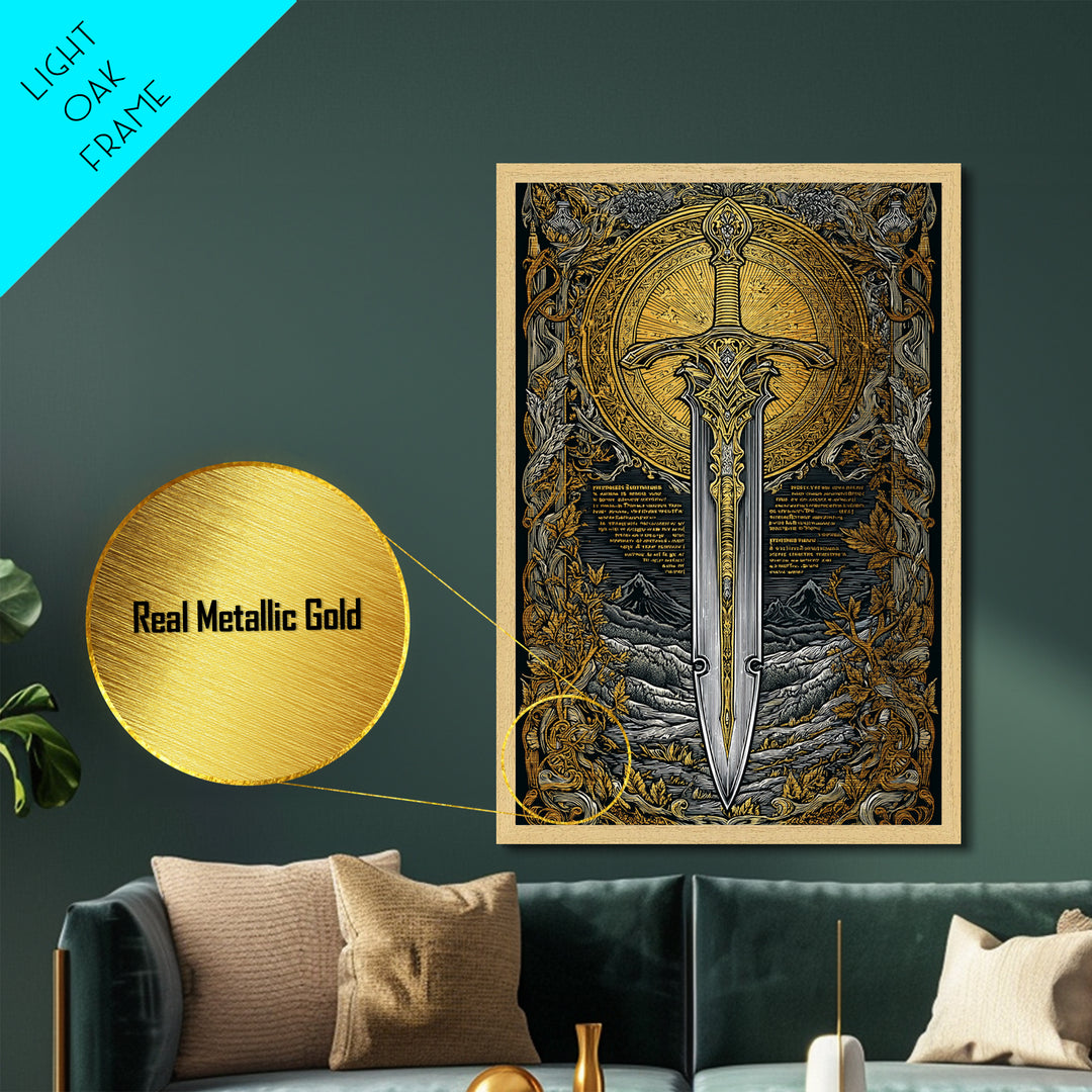 Mythical Sword Artwork, Celestial Blade And Sun Symbol Wall Art, Ornate Weapon Design, Ancient Inspired Decor, Metallic Gold Metal Print, Real Wood Frame