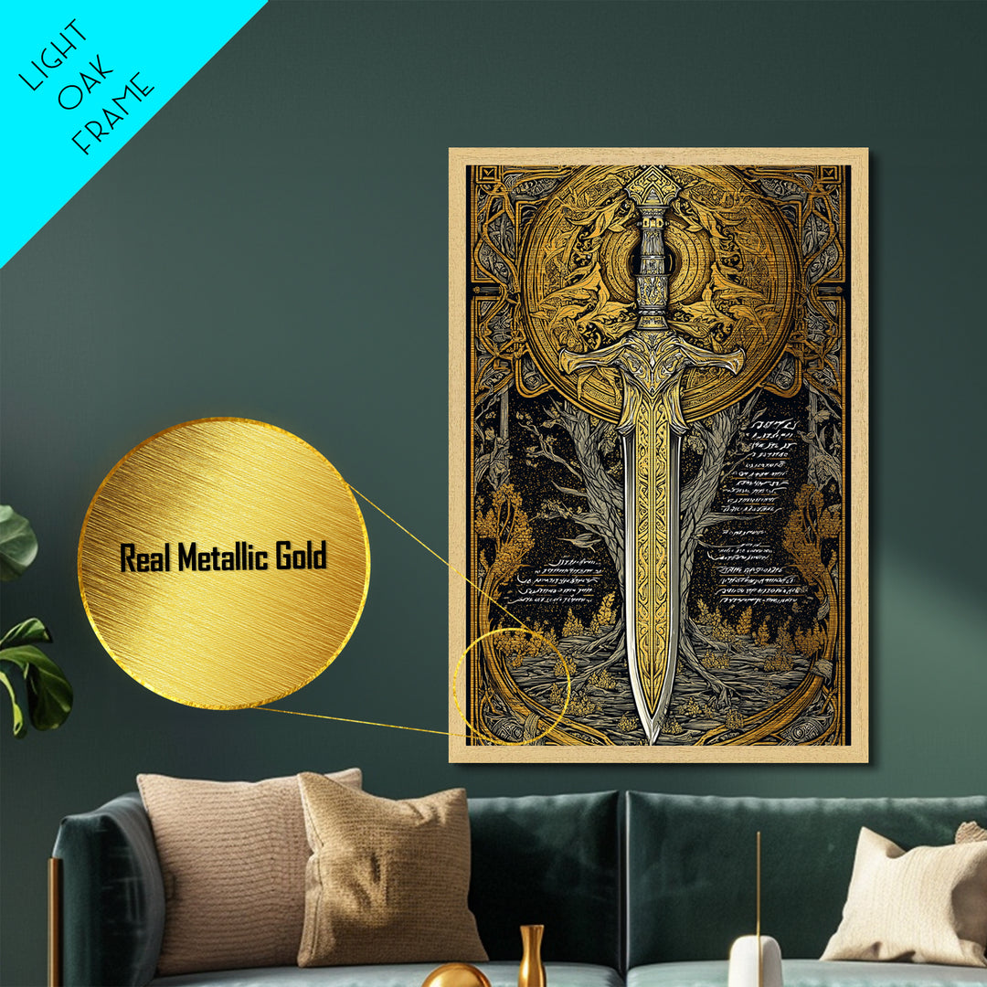 Celestial Sword Artwork, Mythical Blade Surrounded By Ornate Sun Symbol, Ancient Weapon Design, Metallic Gold Metal Print, Real Wood Frame