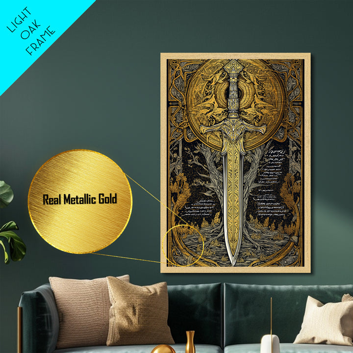 Celestial Sword Artwork, Mythical Blade Surrounded By Ornate Sun Symbol, Ancient Weapon Design, Metallic Gold Metal Print, Real Wood Frame