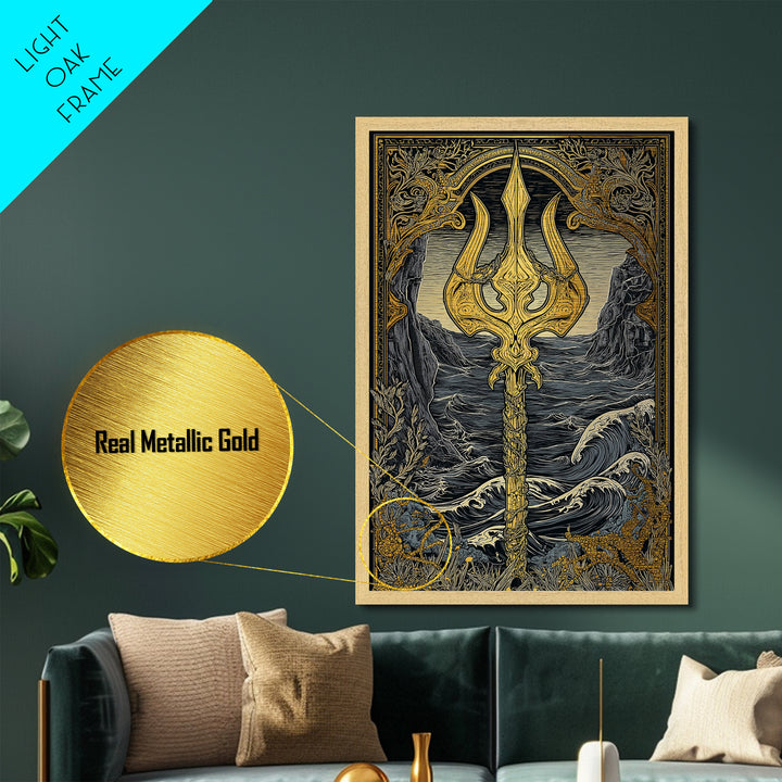Mythical Trident Artwork, Ocean Waves And Ancient Sea God Symbol Wall Art, Nautical Decor, Metallic Gold Metal Print, Real Wood Frame