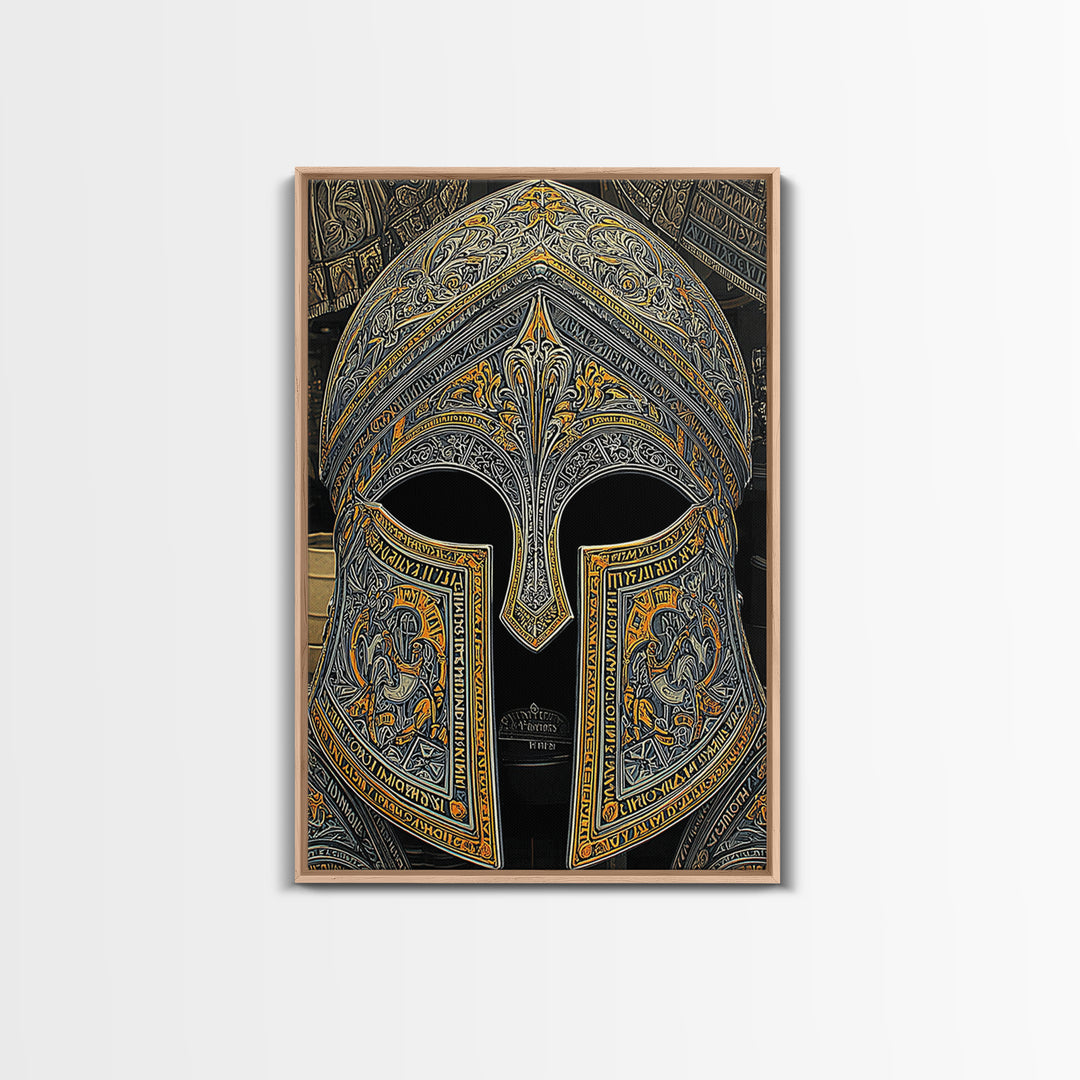 Floral Engraved Ancient Warrior Helmet Design – Canvas Gold Art, Classic Canvas Art in Real Wood Frame, Greek History Wall Decor