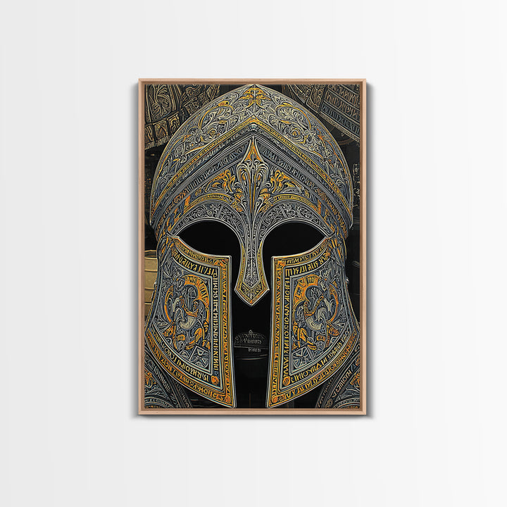 Floral Engraved Ancient Warrior Helmet Design – Canvas Gold Art, Classic Canvas Art in Real Wood Frame, Greek History Wall Decor