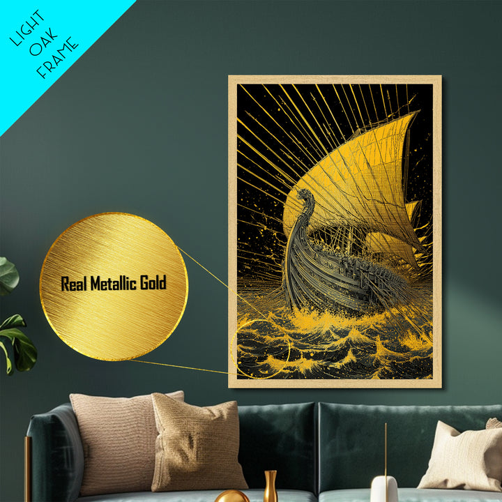Metallic Gold Metal Print, Ancient Greek Ship Wall Art, Mythology Ocean Decor, Real Wood Frame, Historic Maritime Artwork