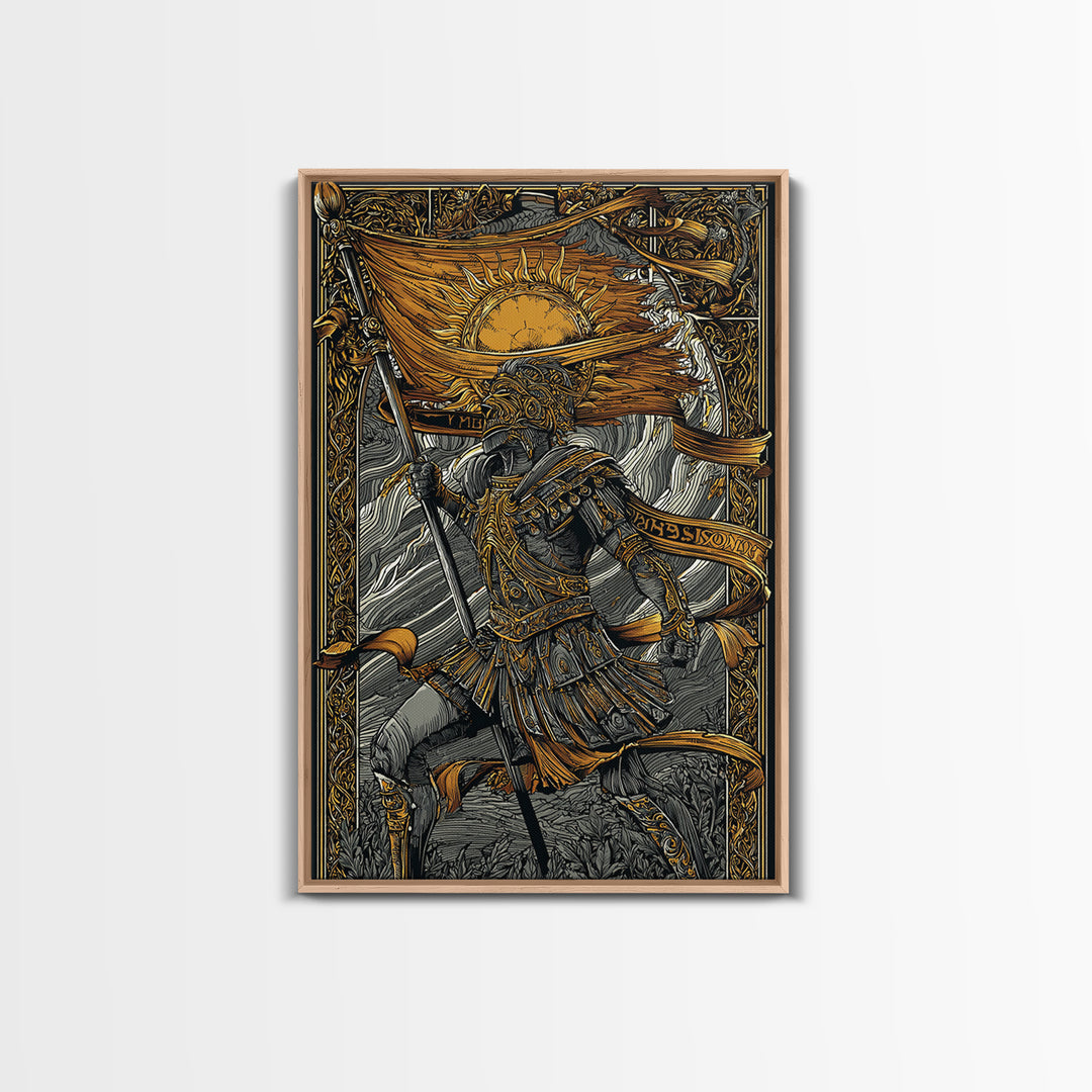 Canvas Gold Art, Greek Warrior Holding Banner, Mythology Wall Decor, Real Wood Frame, Ancient Hero Decorative Artwork