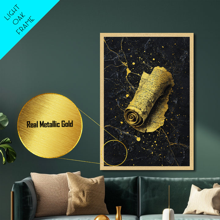 Metallic Gold Metal Print, Ancient Scroll Wall Art, Mythology Inspired Decor, Real Wood Frame, Historic Manuscript Artwork