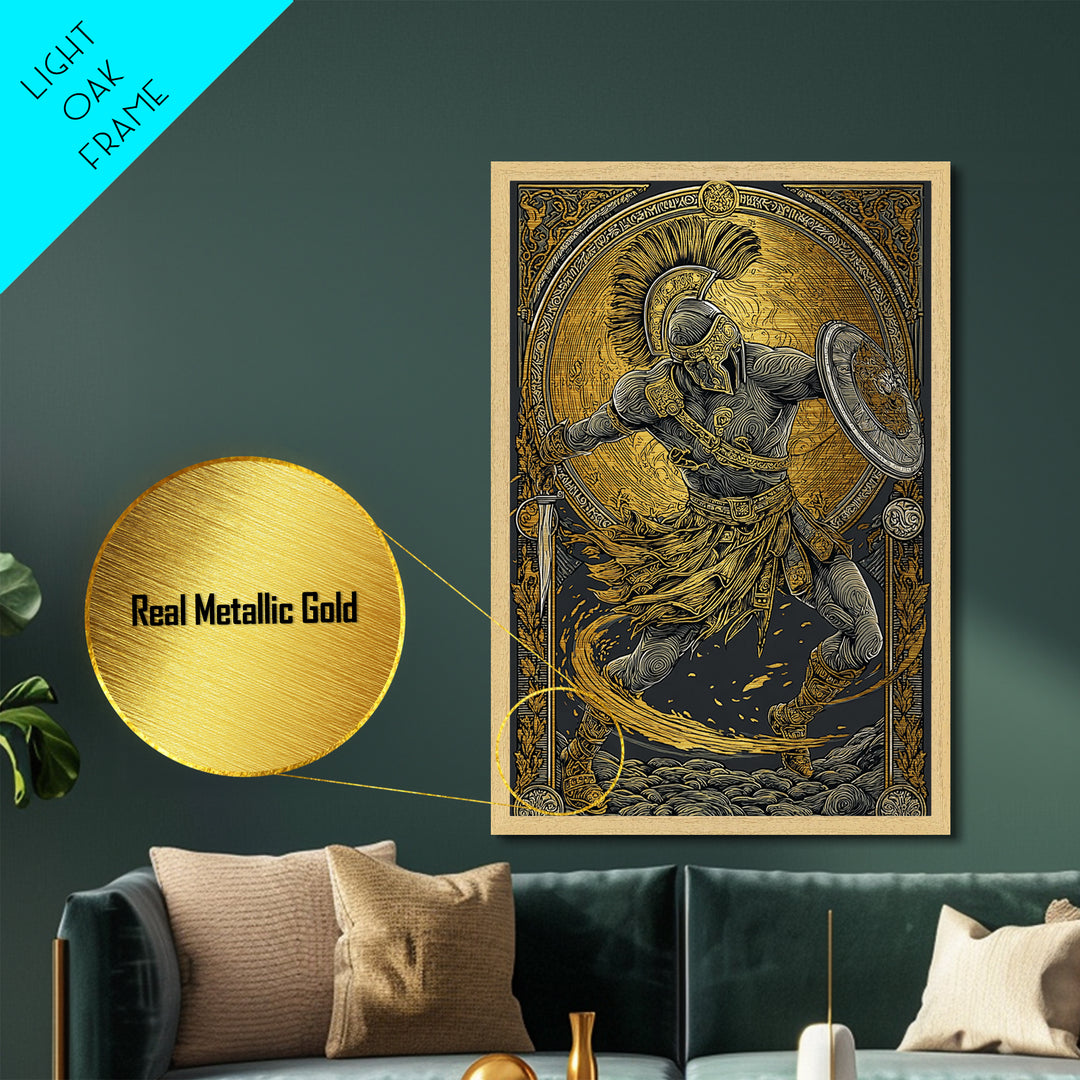 Metallic Gold Art, Spartan Warrior Wall Print, Mythology Inspired Decor, Real Wood Frame, Ancient Greek Hero Artwork