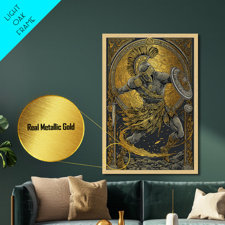 Metallic Gold Art, Spartan Warrior Wall Print, Mythology Inspired Decor, Real Wood Frame, Ancient Greek Hero Artwork