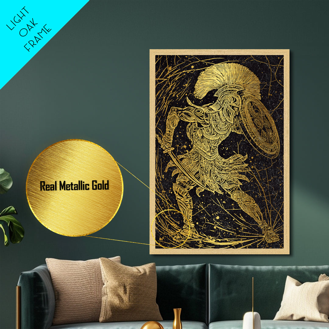 Metallic Gold Art, Ancient Greek Warrior With Shield, Mythology Inspired Wall Decor, Real Wood Frame, Heroic Battle Artwork
