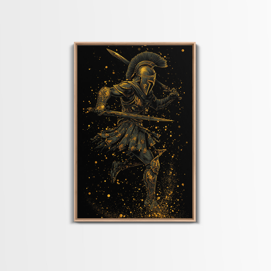 Canvas Gold Canvas Print, Spartan Warrior With Swords, Mythology Hero Decor, Real Wood Frame, Ancient Greek Soldier Artwork