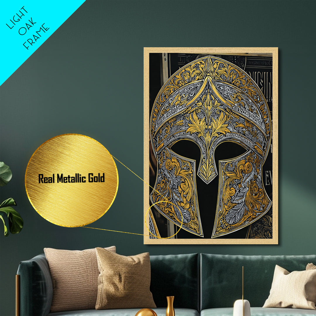 Antique Spartan Helmet with Mythical Inscriptions – Metallic Gold Art, Real Wood Framed Metal Art, Aged Warrior Helmet Wall Art