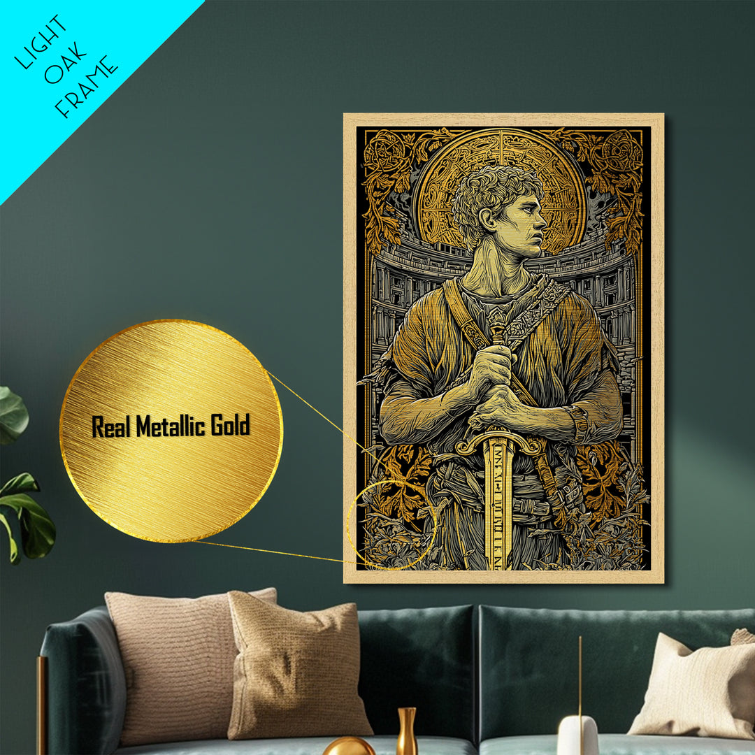Metallic Gold Art, Roman Warrior Wall Print, Mythology Inspired Decor, Real Wood Frame, Ancient Empire Hero Artwork