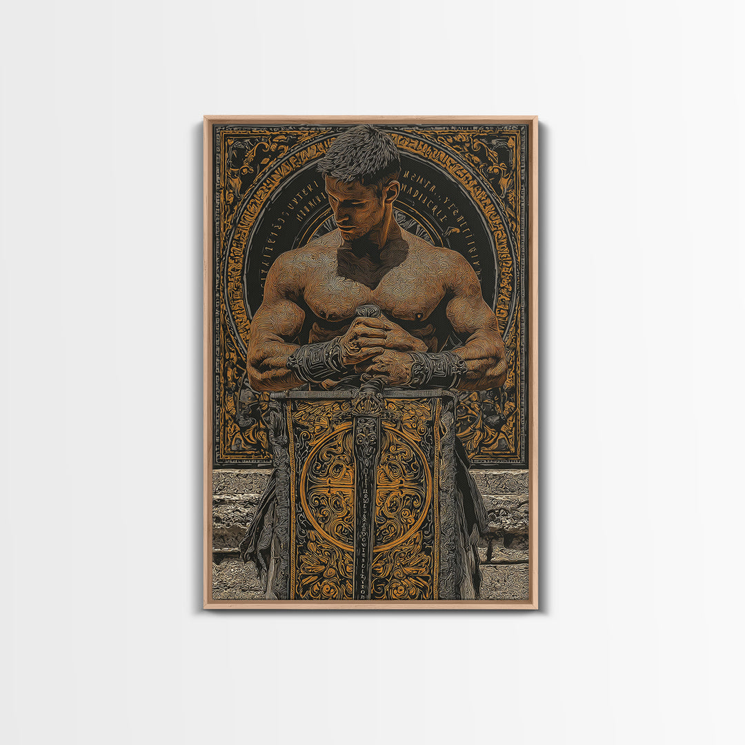 Roman Warrior With Ornate Shield, Canvas Gold Canvas Print, Mythology Wall Art, Gladiator Decor, Real Wood Framed Artwork