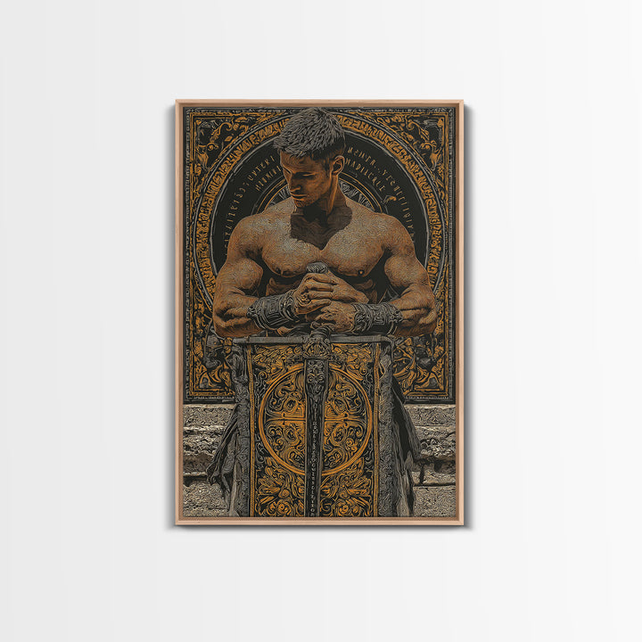 Roman Warrior With Ornate Shield, Canvas Gold Canvas Print, Mythology Wall Art, Gladiator Decor, Real Wood Framed Artwork