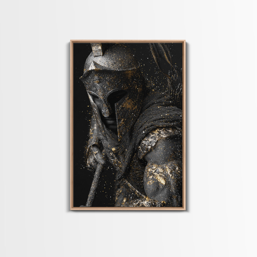 Spartan Warrior Helmet Portrait, Canvas Gold Canvas Print, Greek Soldier Wall Art, Heroic Decor, Real Wood Frame Artwork