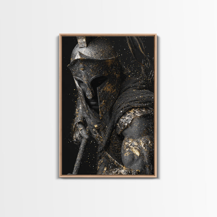 Spartan Warrior Helmet Portrait, Canvas Gold Canvas Print, Greek Soldier Wall Art, Heroic Decor, Real Wood Frame Artwork