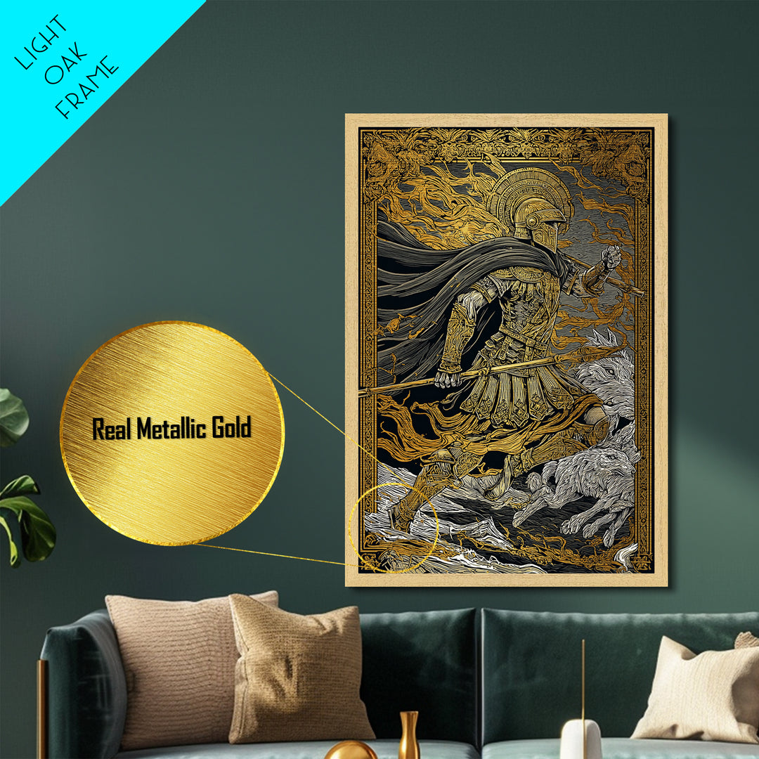 Ancient Warrior With Spear, Metallic Gold Metal Print, Mythology Wall Art, Battle Scene Decor, Real Wood Frame Epic Artwork