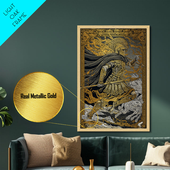 Ancient Warrior With Spear, Metallic Gold Metal Print, Mythology Wall Art, Battle Scene Decor, Real Wood Frame Epic Artwork