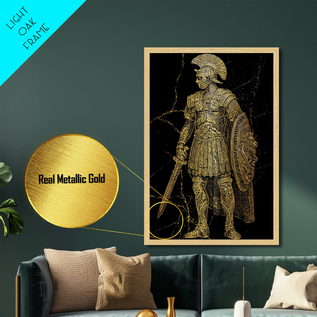 Roman Soldier With Lion Shield, Metallic Gold Metal Print, Gladiator Wall Art, Mythology Decor, Real Wood Frame Artwork