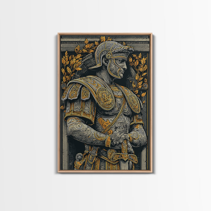 Classic Roman Bust In Armor, Canvas Gold Art, Ancient Warrior Wall Print, Mythology Home Decor, Real Wood Frame Artwork