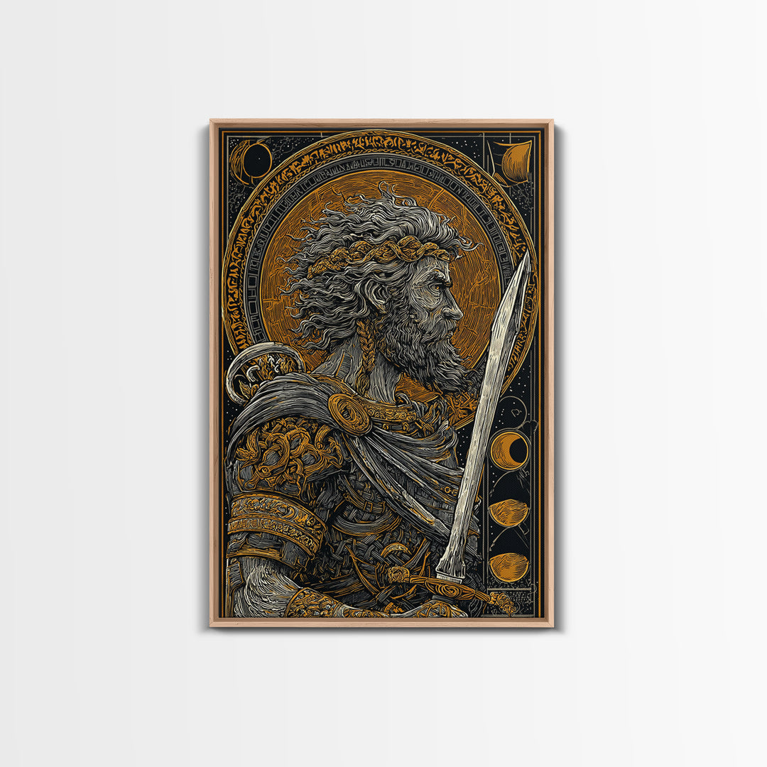 Warrior With Sword And Laurel, Canvas Gold Canvas Print, Greek Myth Wall Art, Heroic Decor, Real Wood Frame Epic Artwork