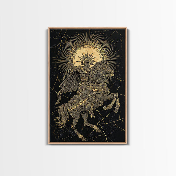 Heroic Warrior On Horseback, Canvas Gold Art, Ancient Soldier Wall Print, Mythology Decor, Real Wood Frame Epic Artwork