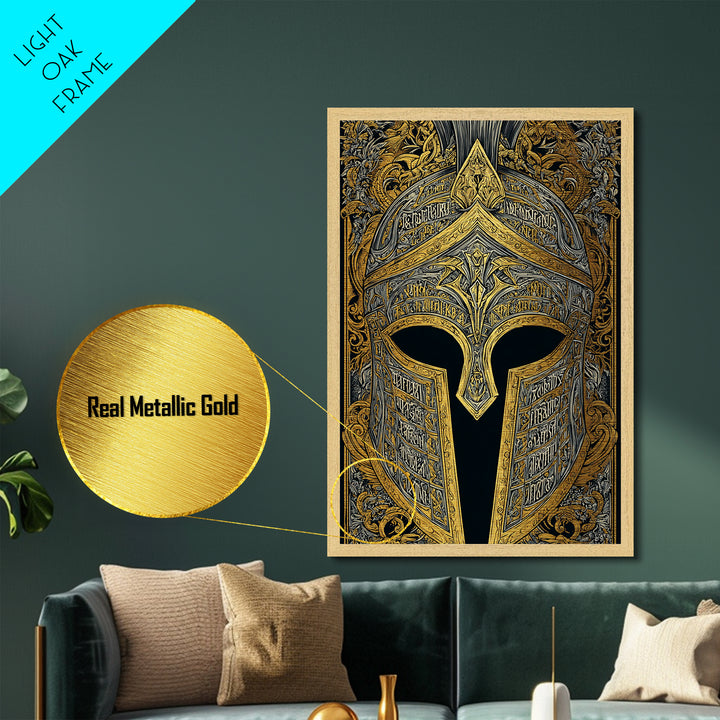 Engraved Bronze Helmet with Greek Script – Metallic Gold Art, Rustic Framed Metal Art, Mythology-Inspired Warrior Wall Accent