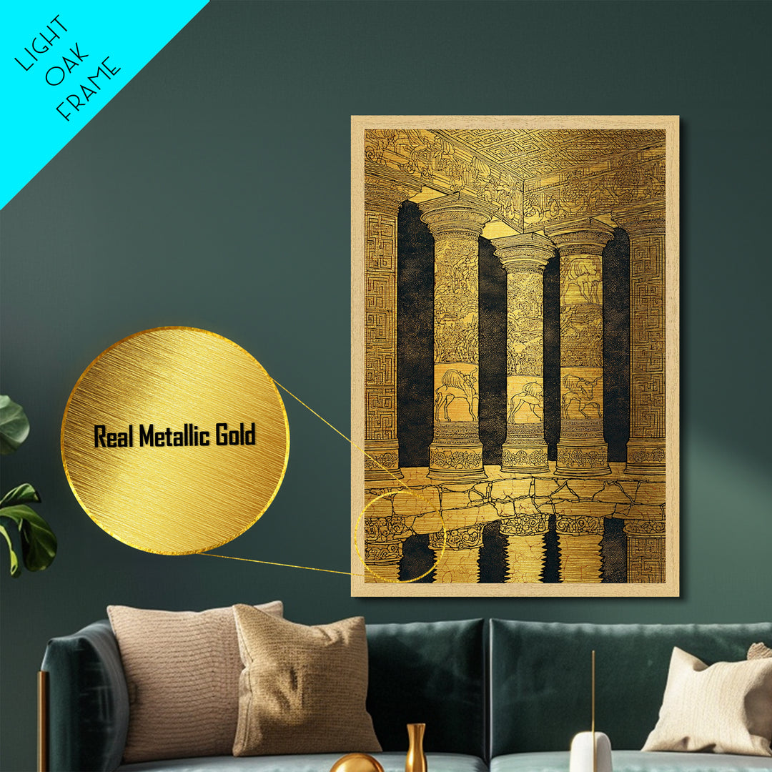 Ancient Greek Temple Columns, Metallic Gold Metal Print, Classical Architecture Wall Art, Historic Decor, Real Wood Frame Artwork