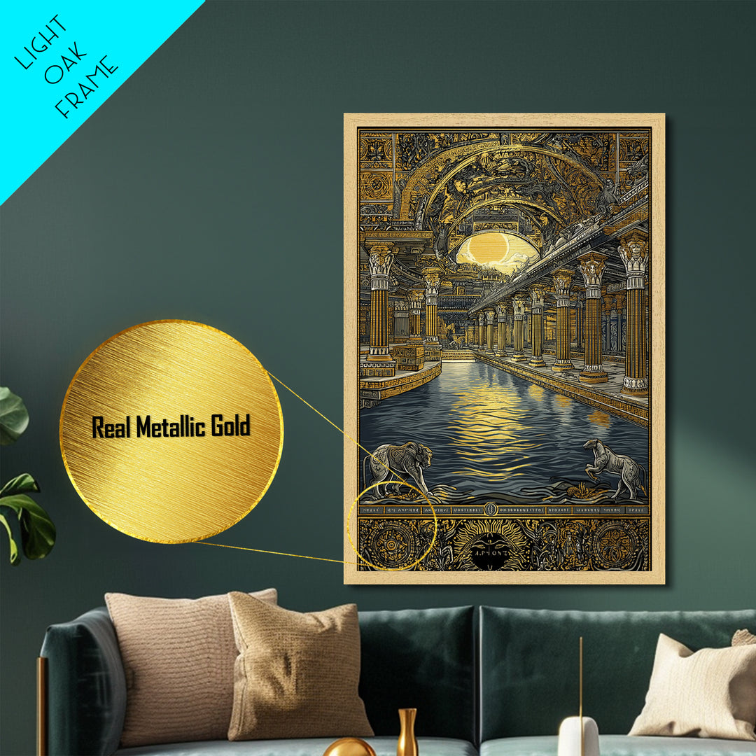 Ancient Temple Columns And Sun, Metallic Gold Metal Print, Mythical Architecture Wall Art, Real Wood Framed Artwork