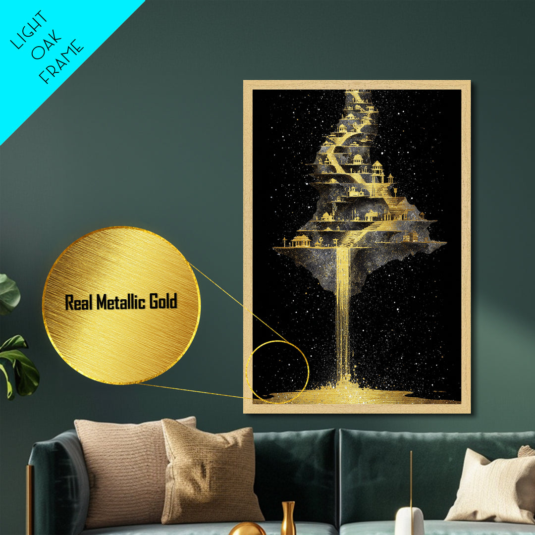 Floating Cosmic City Of Light, Metallic Gold Metal Print, Fantasy Architecture Wall Art, Real Wood Framed Home Decor