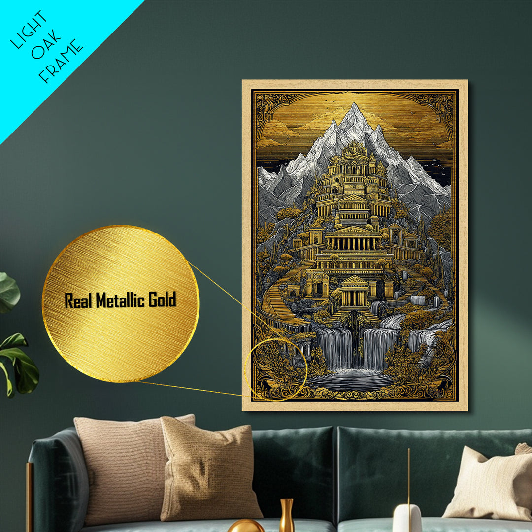 Mythical Mountain Palace With Waterfalls, Metallic Gold Metal Print, Fantasy Landscape Art, Real Wood Framed Wall Decor