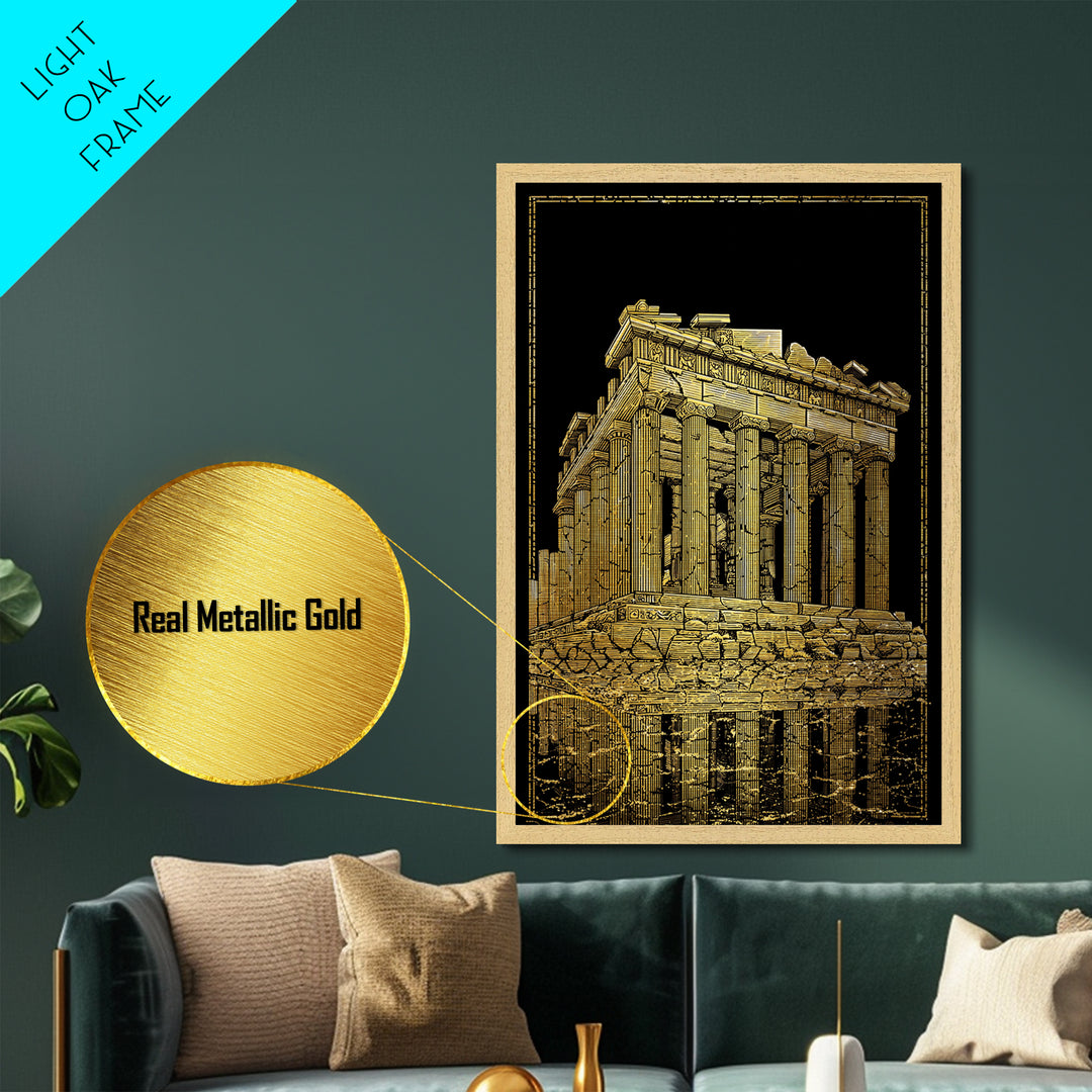 Ancient Ruins On Water Reflection, Metallic Gold Metal Print, Classical Greek Architecture Wall Art, Real Wood Framed Art
