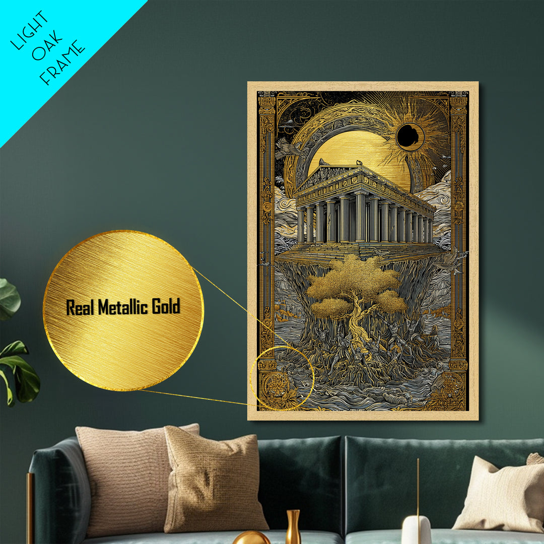 Temple Under Eclipse Sun And Stars, Metallic Gold Metal Print, Mythical Fantasy Architecture Wall Art, Real Wood Framed Art