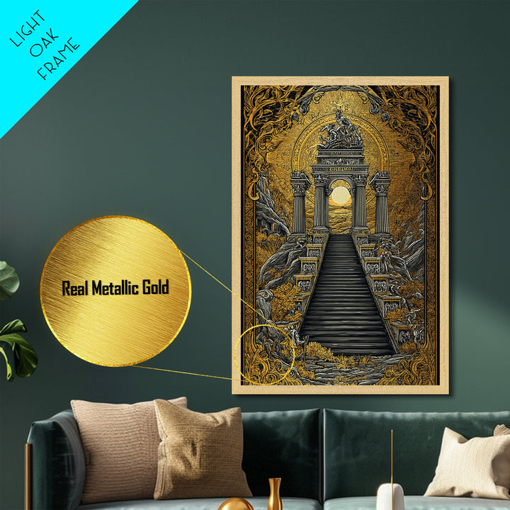 Grand Temple Archway And Stairs, Metallic Gold Metal Print, Mythical Ancient Architecture Artwork, Real Wood Framed Decor