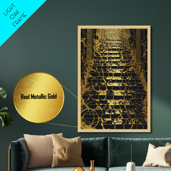 Cracked Marble Golden Stairway, Metallic Gold Art, Mythical Abstract Architecture Artwork, Real Wood Framed Wall Decor