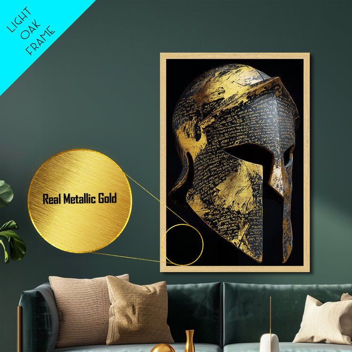 Heavily Ornamented Greek Helmet with Laurel Motif – Metallic Gold Art, Premium Framed Metal Art with Real Wood, Heroic Wall Display