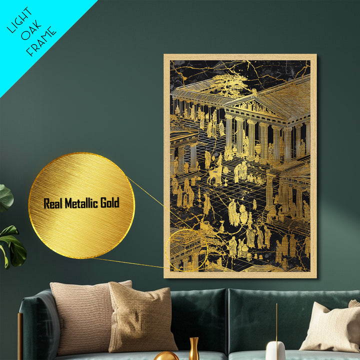 Ancient Marketplace With Temples, Metallic Gold Metal Print, Classical Greek Architecture Wall Art, Real Wood Framed Decor
