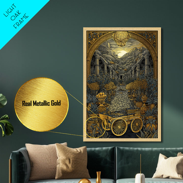 Ancient Courtyard With Columns And Citrus Trees, Metallic Gold Metal Print, Mythical Garden Wall Art, Real Wood Framed Decor