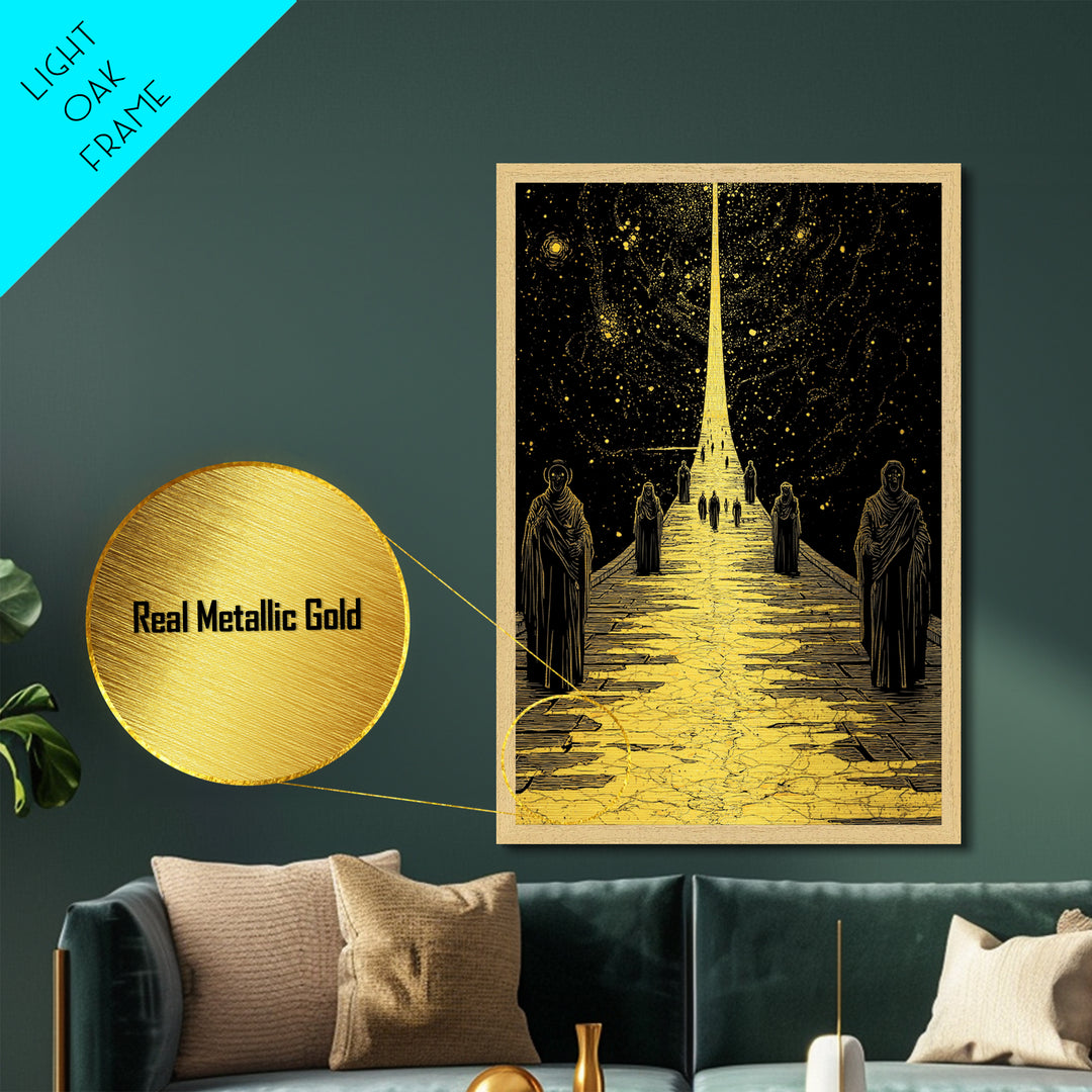 Celestial Path Of Golden Light, Metallic Gold Art, Mystical Night Sky Fantasy Print, Real Wood Framed Wall Artwork