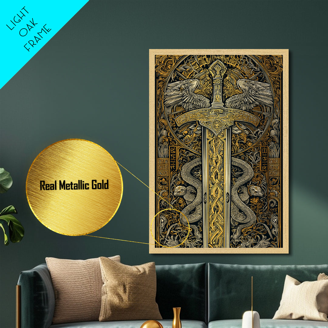 Ornate Sword With Serpents And Wings, Metallic Gold Metal Print, Medieval Fantasy Wall Art, Real Wood Framed Artwork