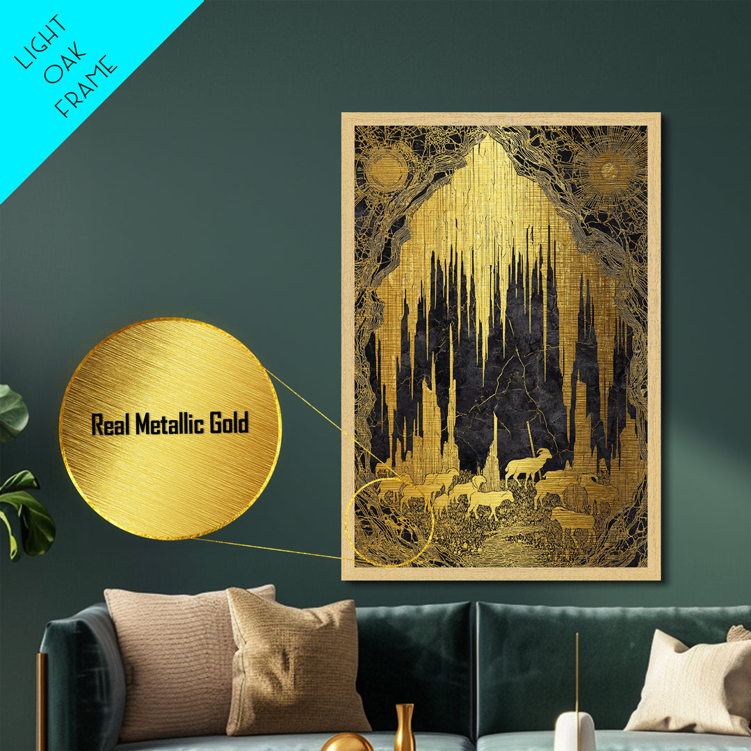 Golden Cave With Mountain Goats, Metallic Gold Metal Print, Mythical Nature Landscape Art, Real Wood Framed Wall Decor