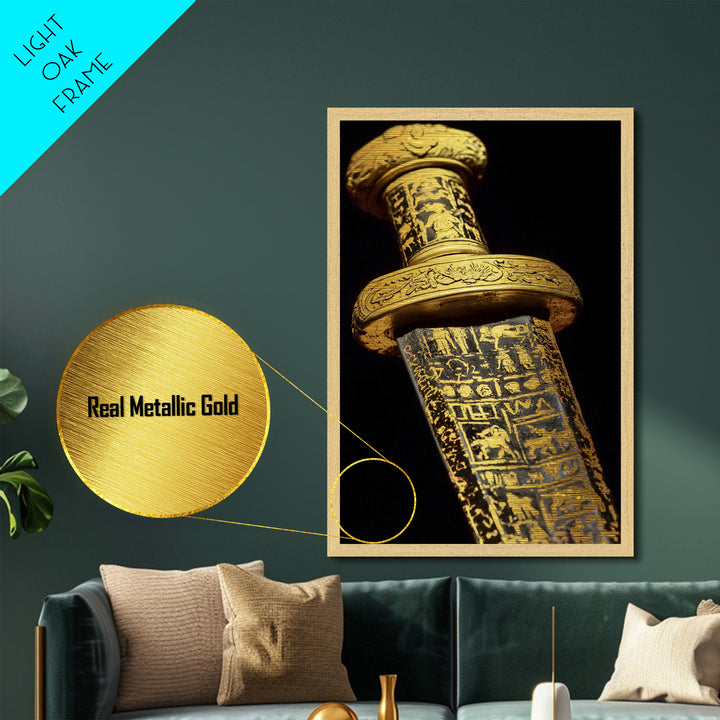 Ancient Sword With Etched Symbols, Metallic Gold Metal Print, Mystical Weaponry Wall Art, Real Wood Framed Artwork