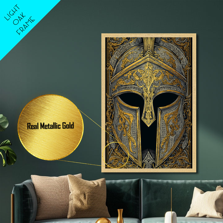 Antiquity Helmet with Battle Scars and Etchings – Metallic Gold Art, Metal Art with Real Wood Frame, Spartan History Wall Print