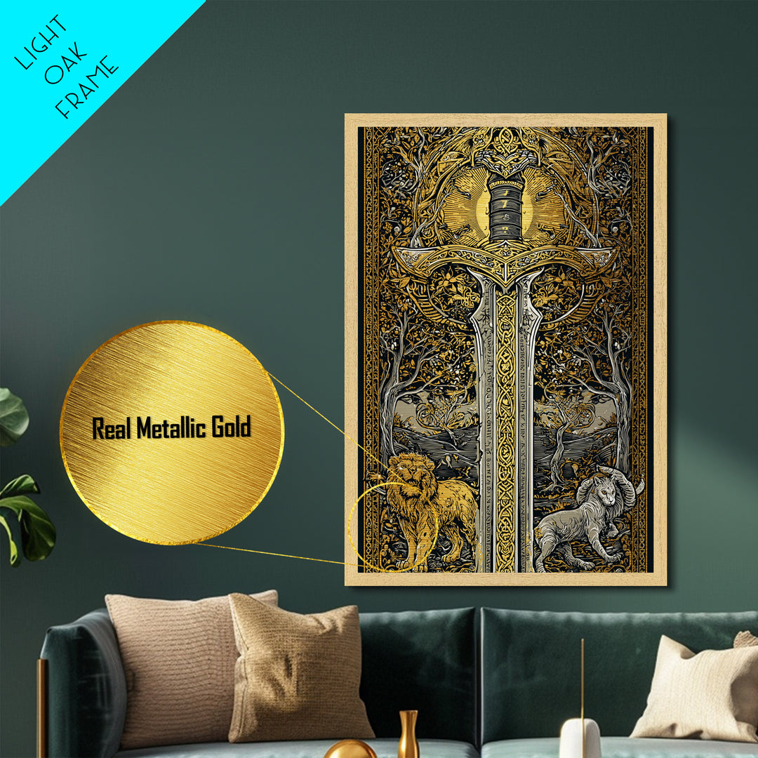 Sword With Lion And Ram Guardians, Metallic Gold Metal Print, Mythical Medieval Wall Art, Real Wood Framed Fantasy Decor